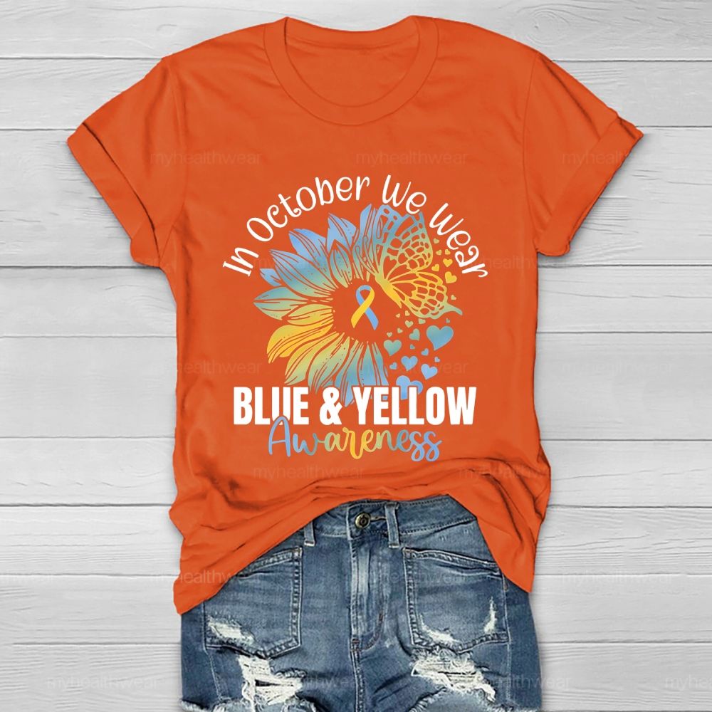 In October We Wear Blue & Yellow Awareness Letters Healthwear T-shirt