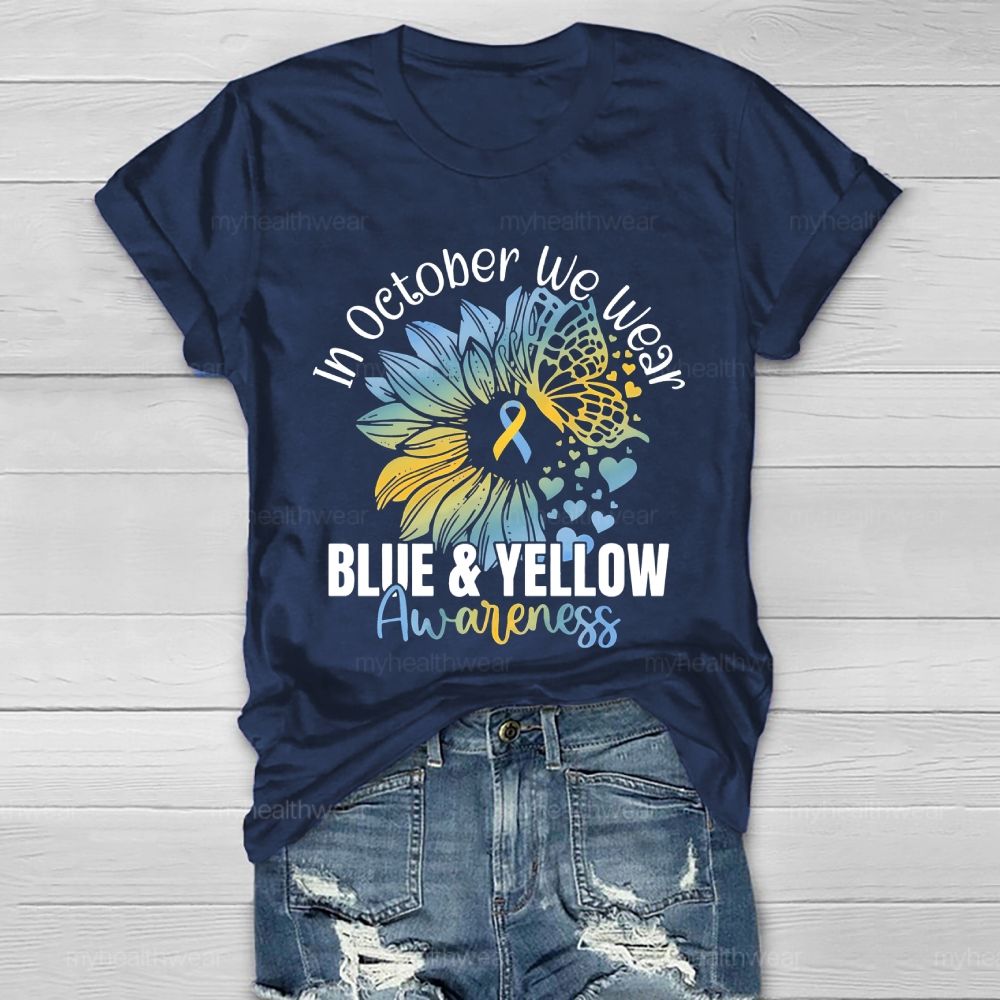 In October We Wear Blue & Yellow Awareness Letters Healthwear T-shirt