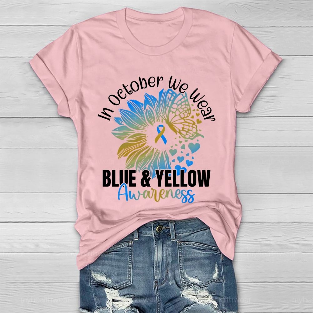 In October We Wear Blue & Yellow Awareness Letters Healthwear T-shirt