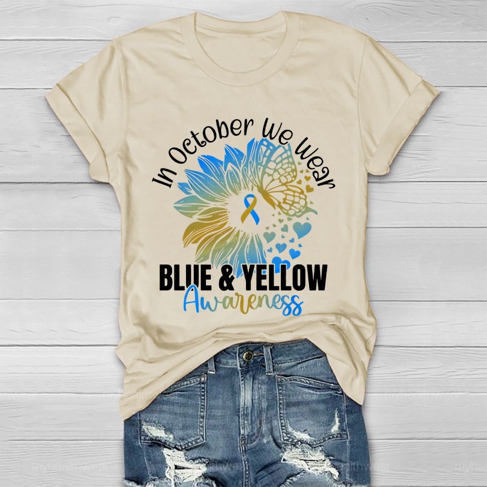 In October We Wear Blue & Yellow Awareness Letters Healthwear T-shirt