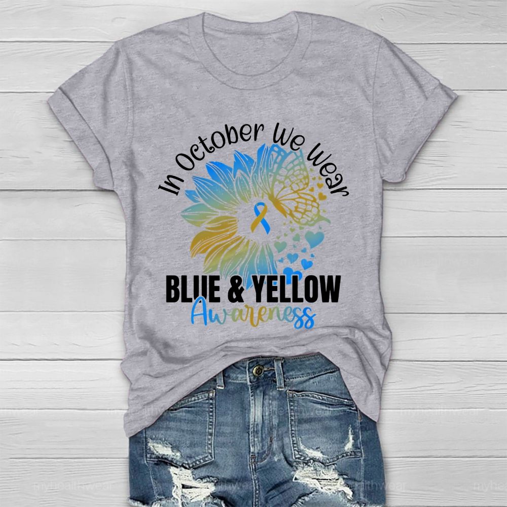 In October We Wear Blue & Yellow Awareness Letters Healthwear T-shirt