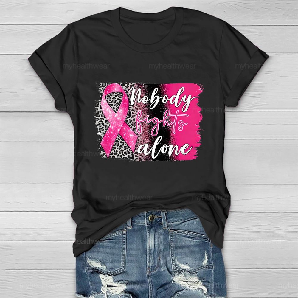 Nobody Fights Alone Pink Leopard Ribbon Healthwear T-Shirt