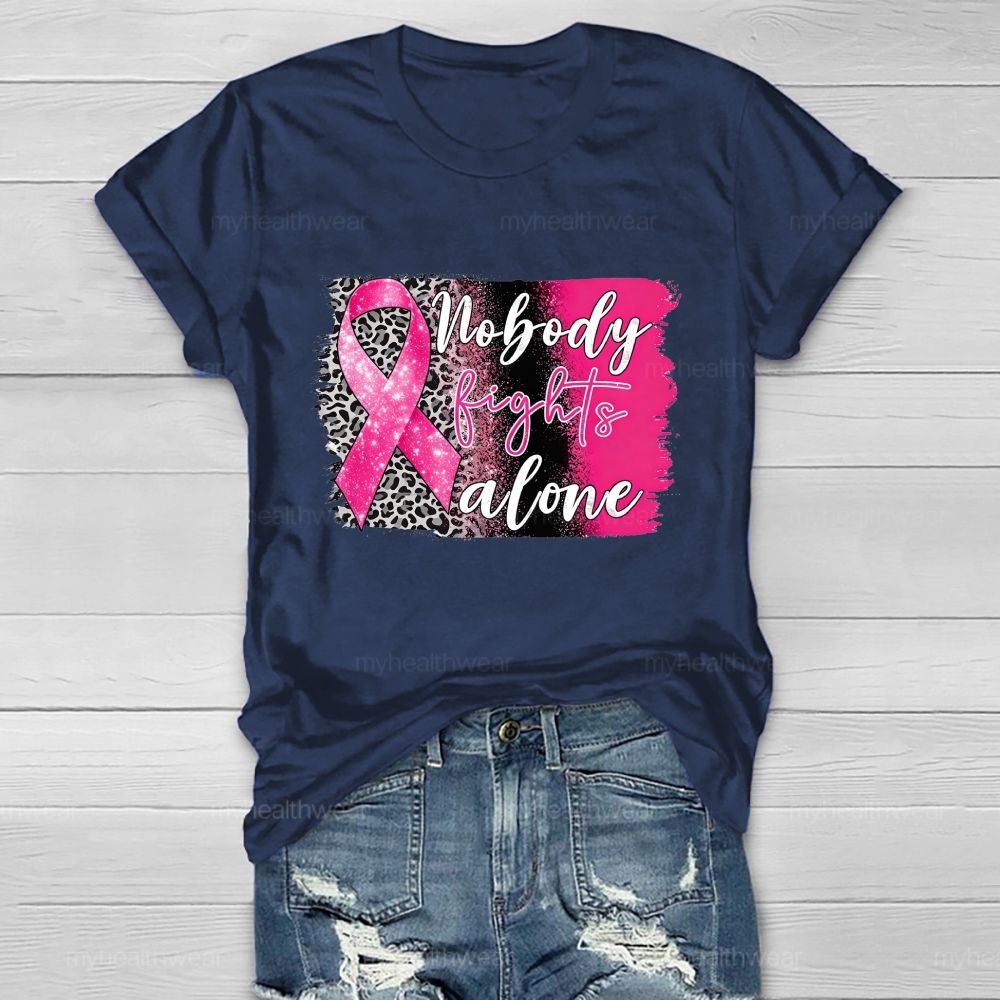 Nobody Fights Alone Pink Leopard Ribbon Healthwear T-Shirt
