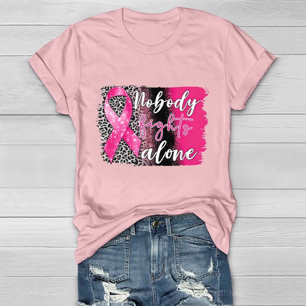 Nobody Fights Alone Pink Leopard Ribbon Healthwear T-Shirt