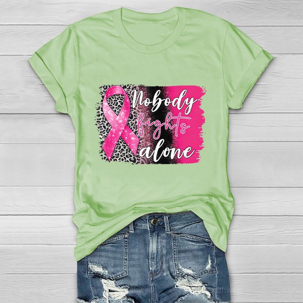 Nobody Fights Alone Pink Leopard Ribbon Healthwear T-Shirt