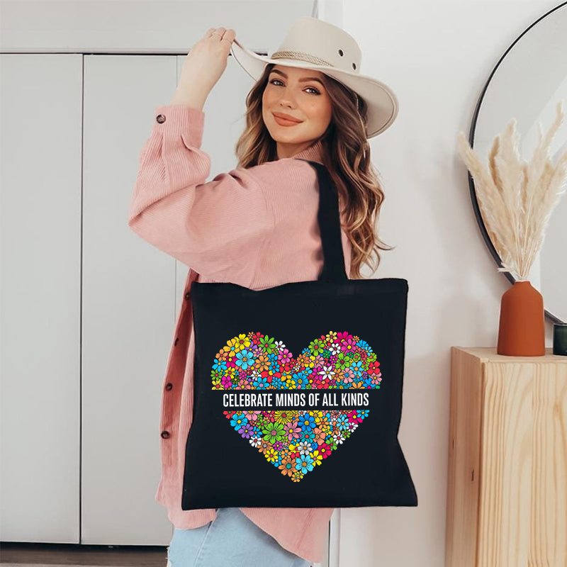 Celebrate Minds of All Kinds Heart Canvas Tote Bag