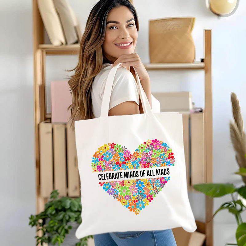 Celebrate Minds of All Kinds Heart Canvas Tote Bag