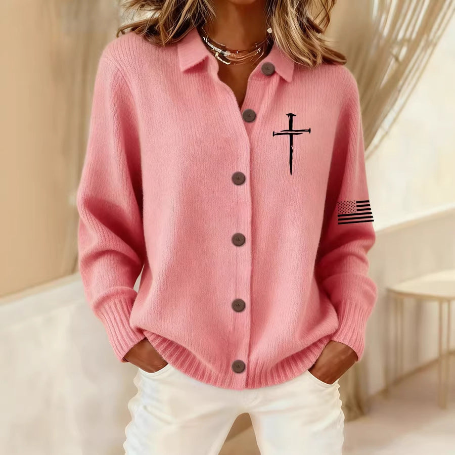 Cross Flag Pink Women's Collared Long-Sleeved Shirt
