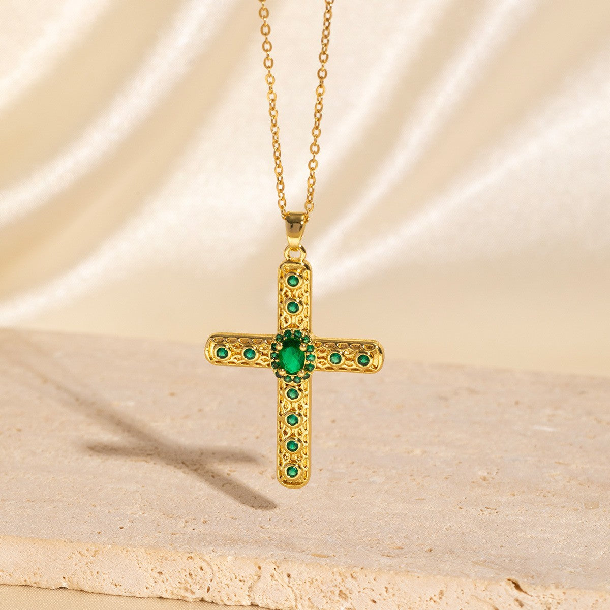 Green Copper And Zircon Cross Necklace