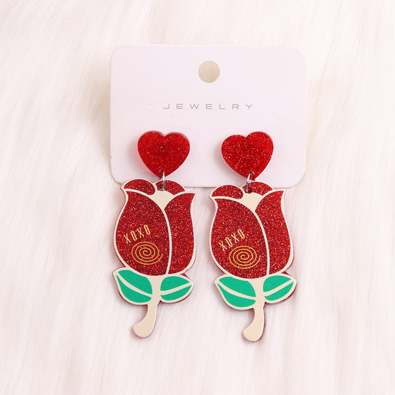 Acrylic Heart-Shaped Earrings With Red Lips And Rose Flower Pendants