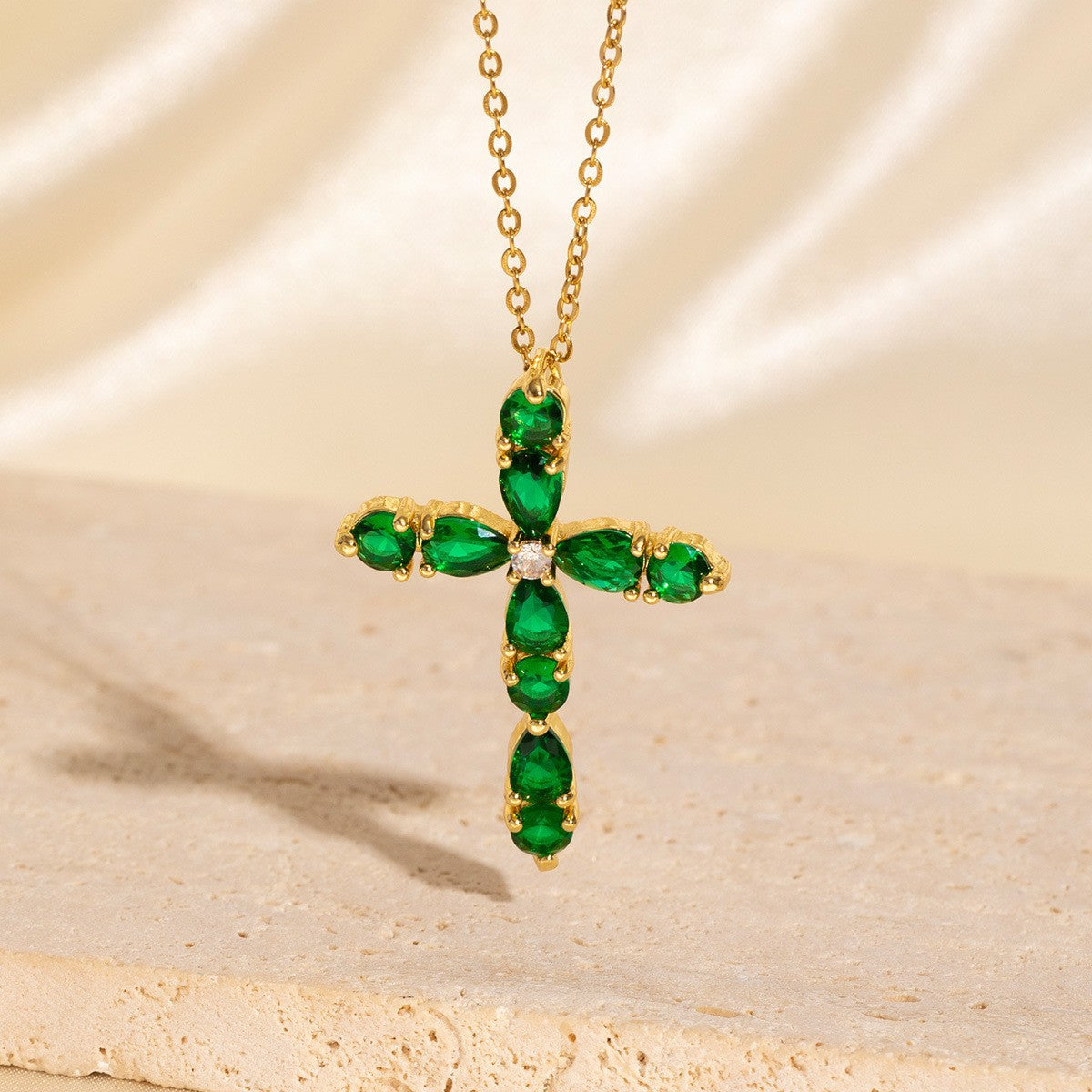 Green Copper And Zircon Cross Necklace