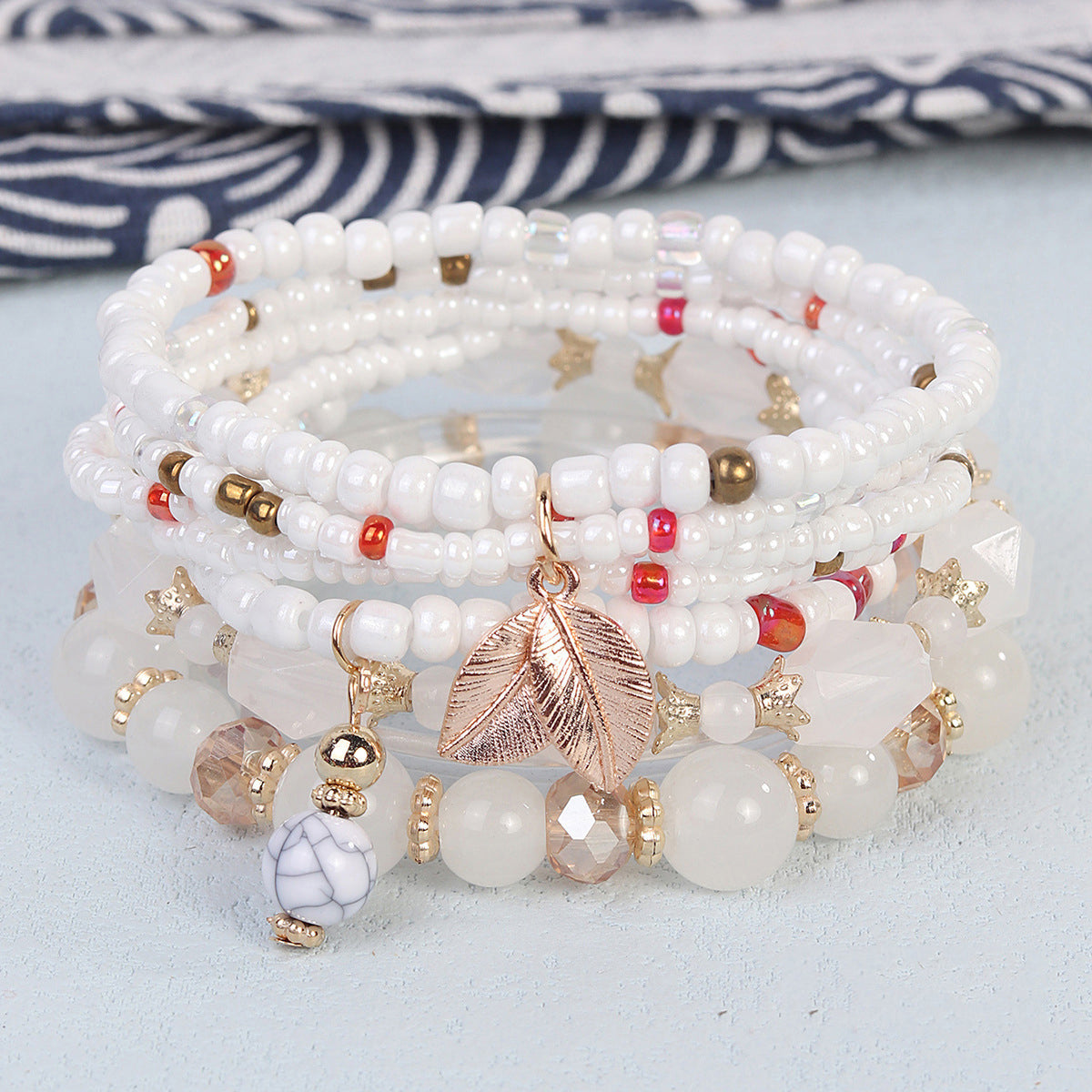 Bohemian Multi-Layered Beaded Bracelet With Leaf Pendant