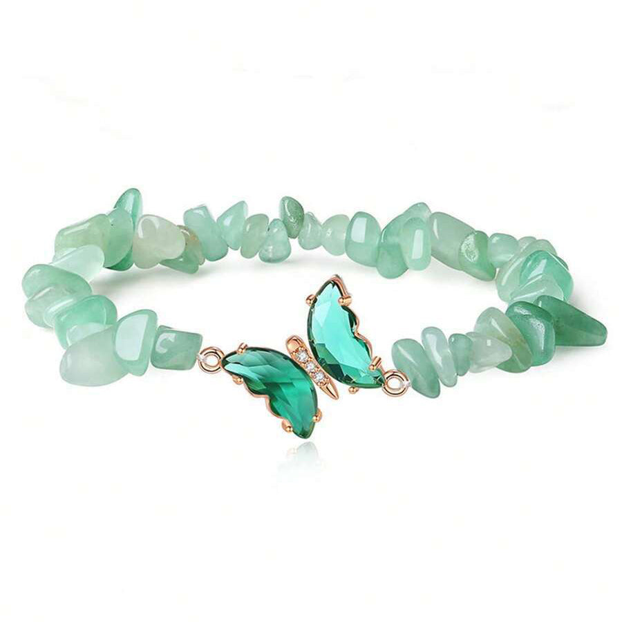 Butterfly Bead And Natural Stone Crystal Bracelet