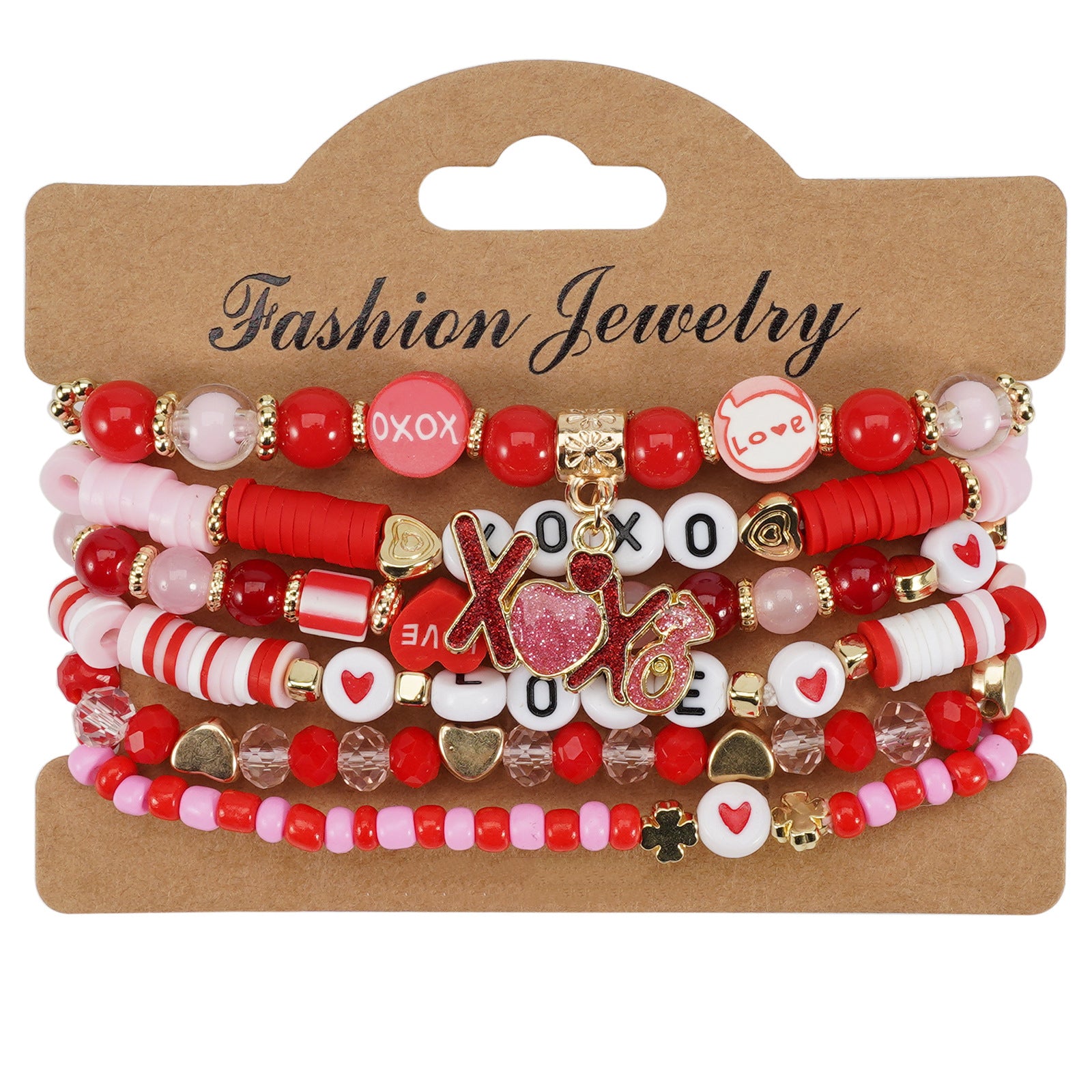 Heart-Shaped Love And Rose Flower Pendant Polymer Clay And Artificial Crystal Beaded Bracelet