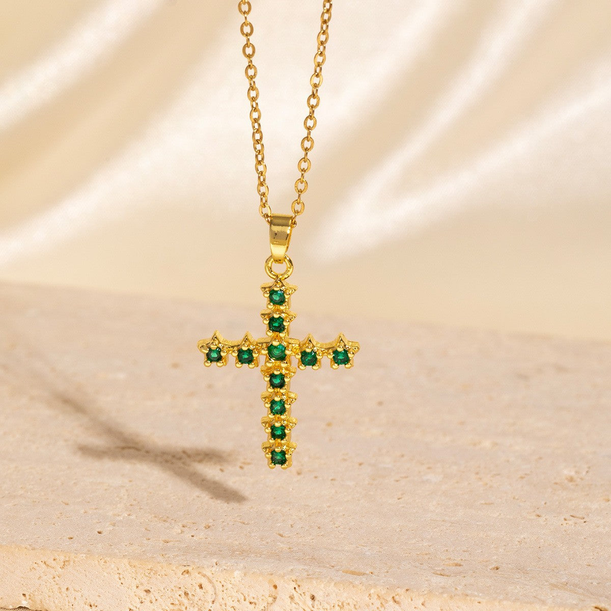 Green Copper And Zircon Cross Necklace