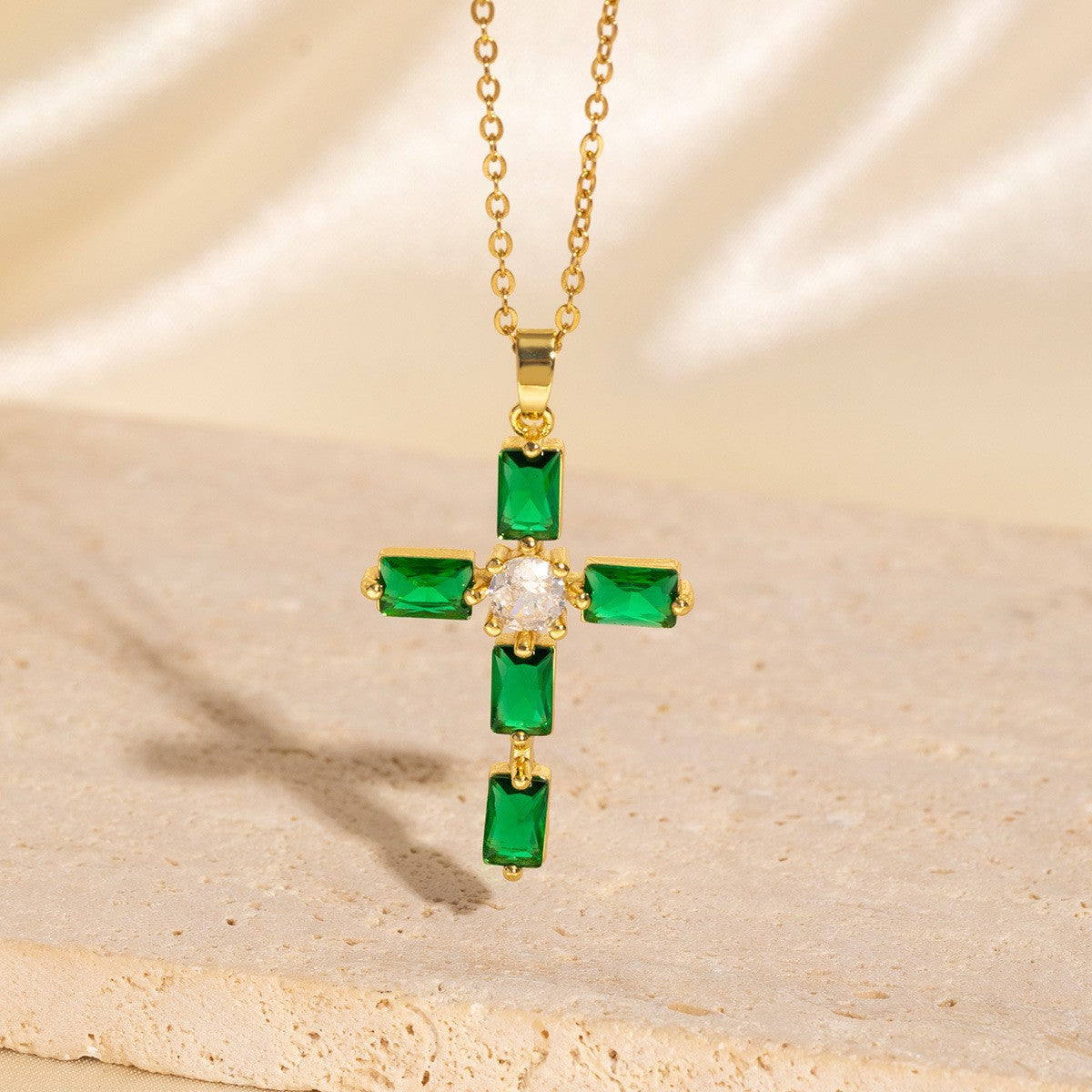 Green Copper And Zircon Cross Necklace