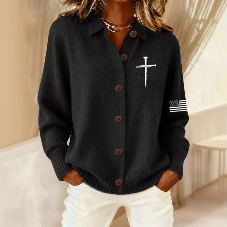 Cross Flag Black Women's Collared Long-Sleeved Shirt