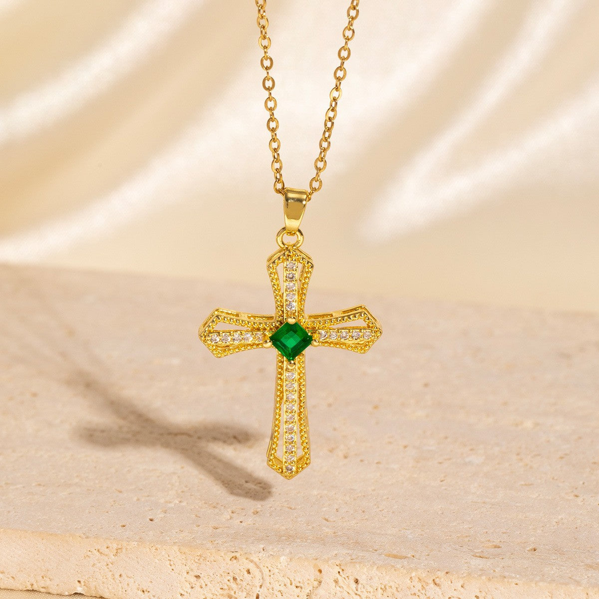 Green Copper And Zircon Cross Necklace