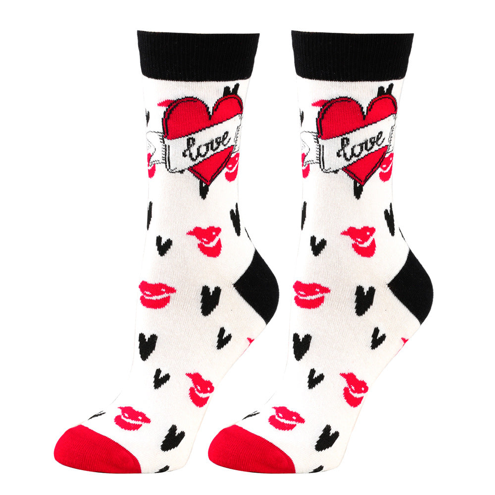 Heart-Patterned Mid-Calf Length Knitted Cotton Socks