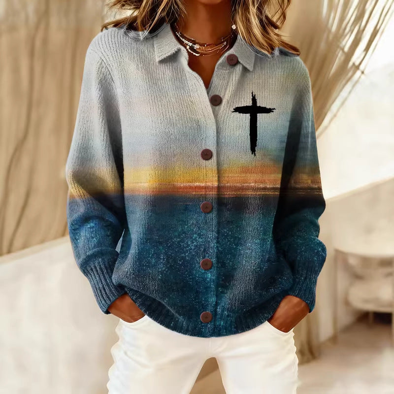 Cross Flag Multicolor Women's Collared Long-Sleeved Shirt