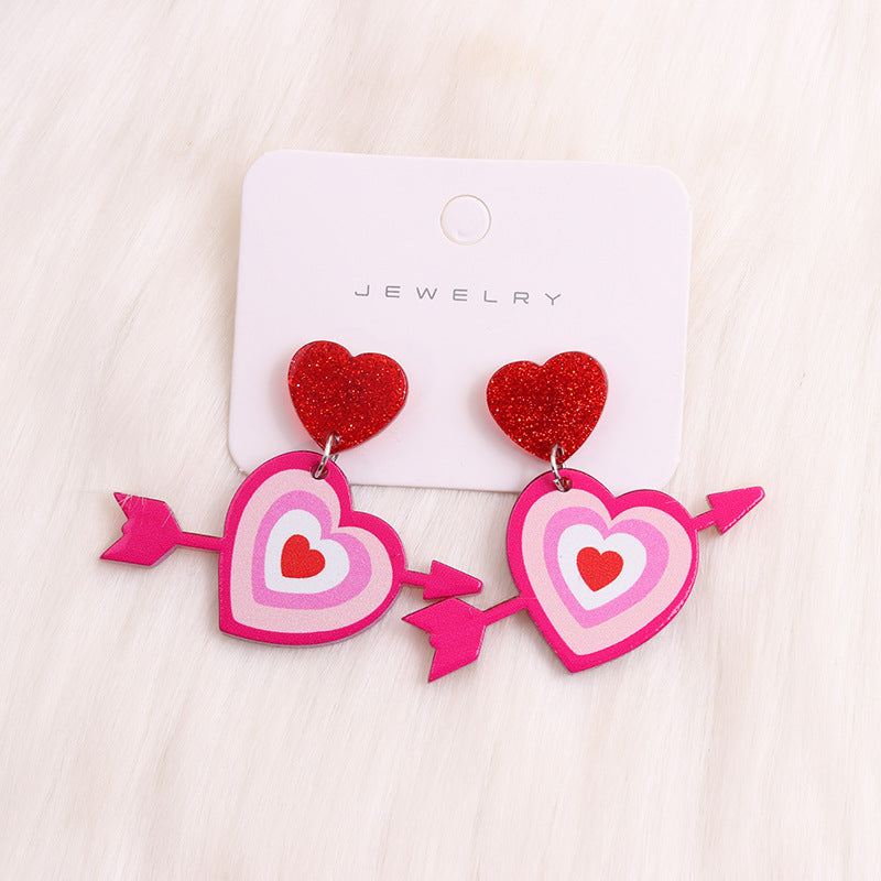 Acrylic Heart-Shaped Earrings With Red Lips And Rose Flower Pendants