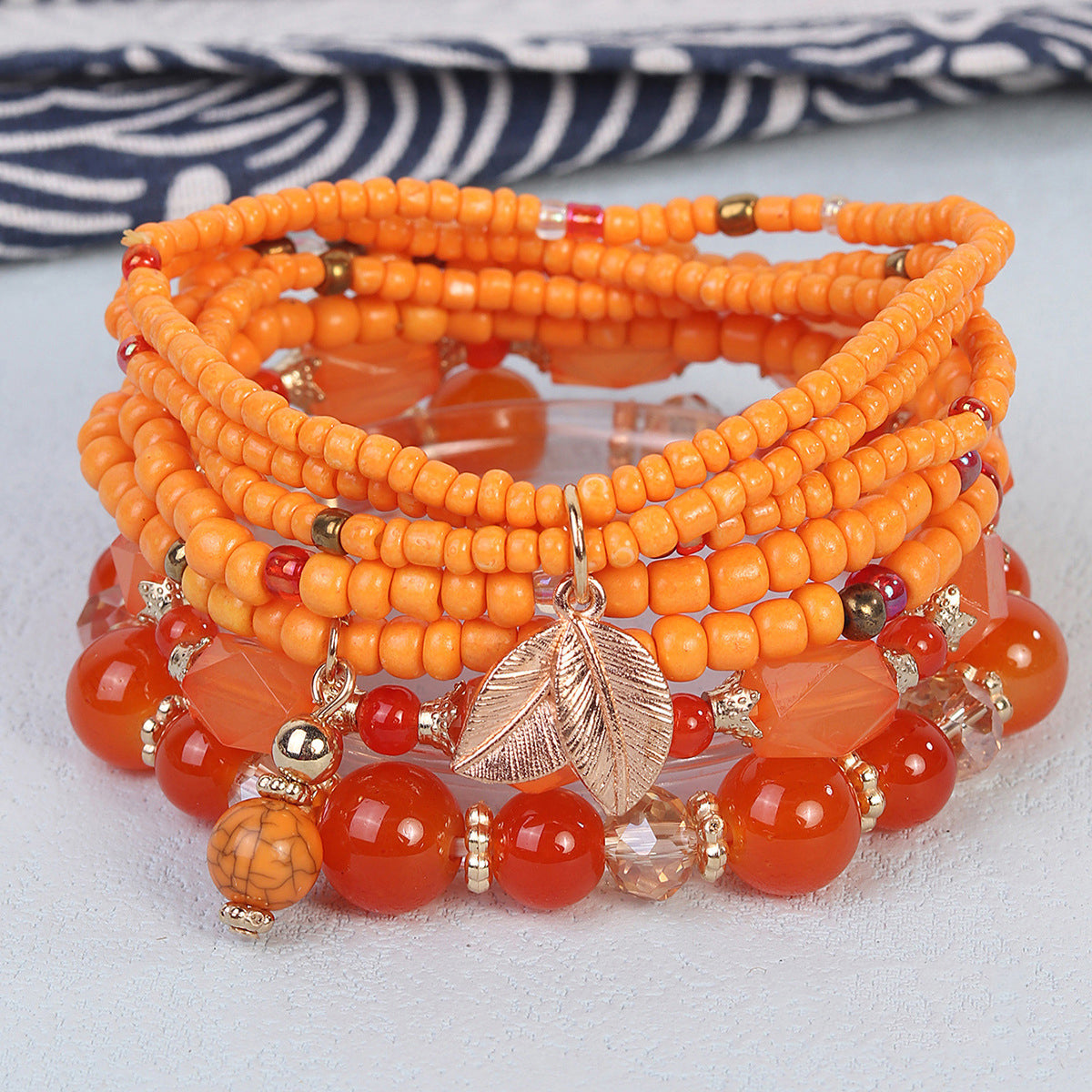Bohemian Multi-Layered Beaded Bracelet With Leaf Pendant