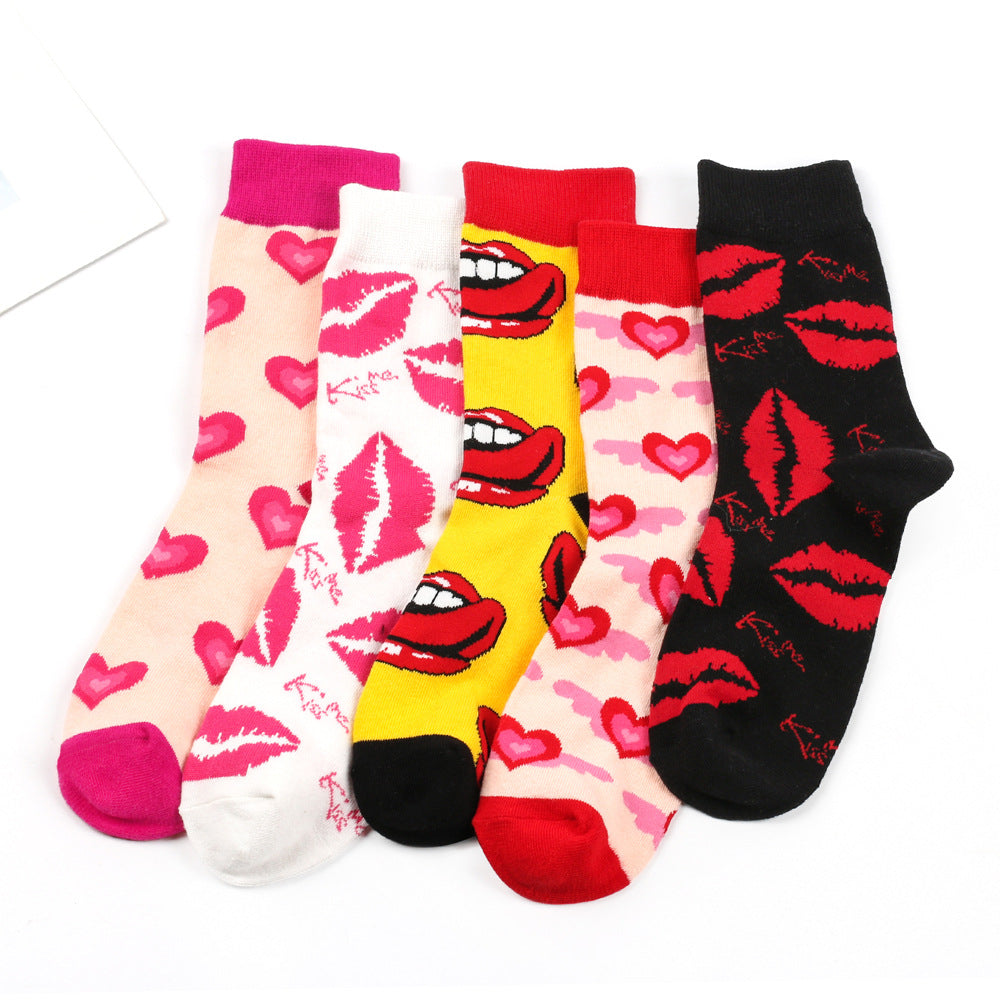 Heart-Patterned Mid-Calf Length Knitted Cotton Socks