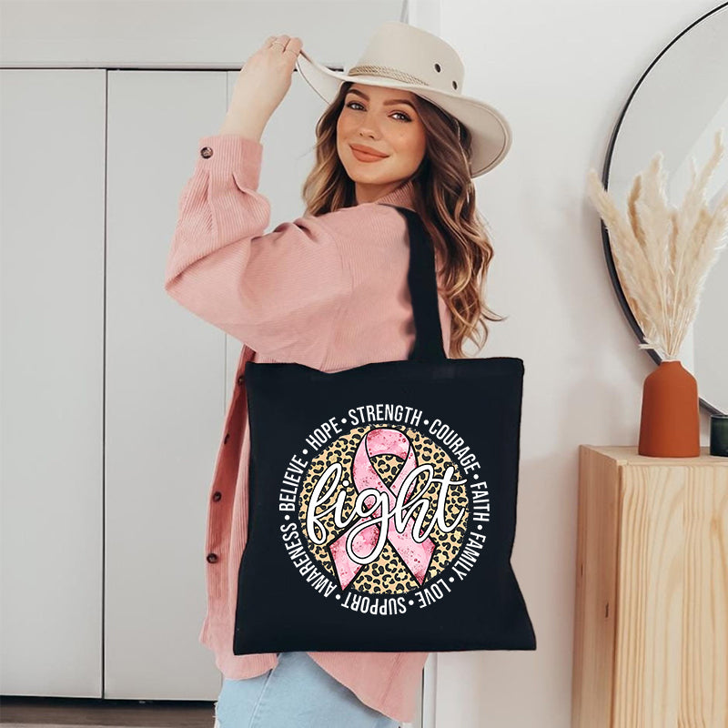 Leopard Pink Ribbon Canvas Tote Bag