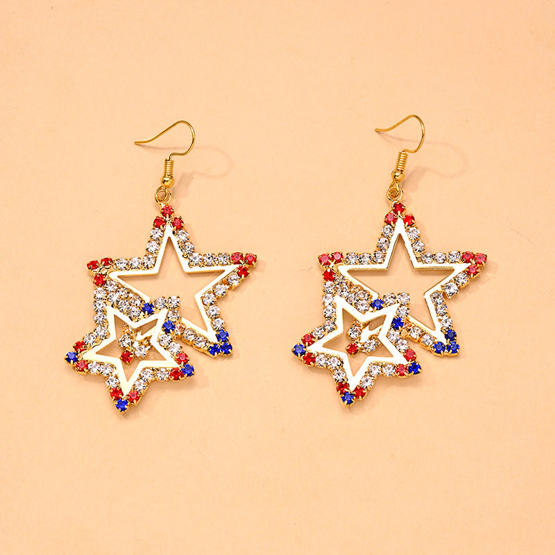 Star-Shaped Earrings American Independence Day Themed With Rhinestones