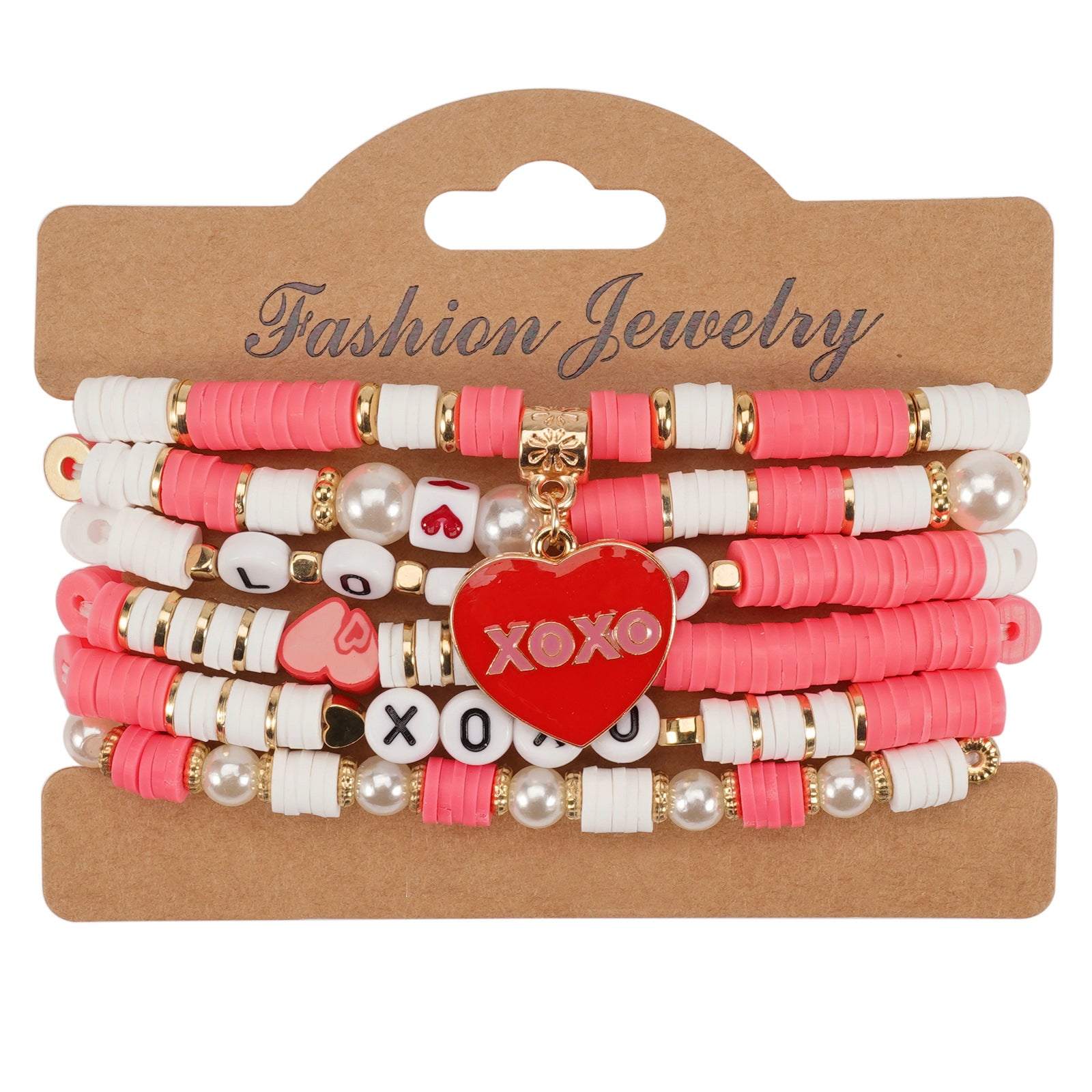 Heart-Shaped Love And Rose Flower Pendant Polymer Clay And Artificial Crystal Beaded Bracelet