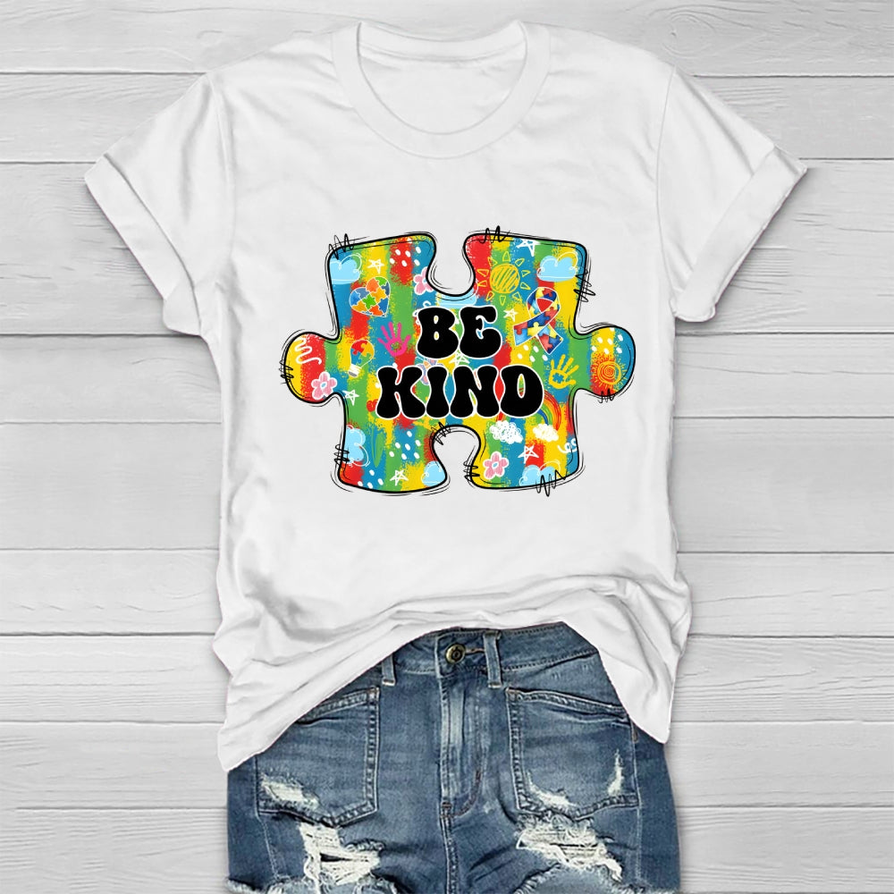 Be Kind Colorful Heart Puzzle Floral T-Shirt