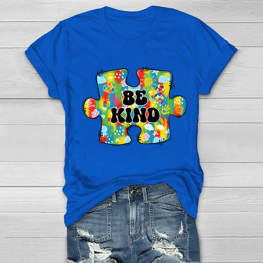 Be Kind Colorful Heart Puzzle Floral T-Shirt