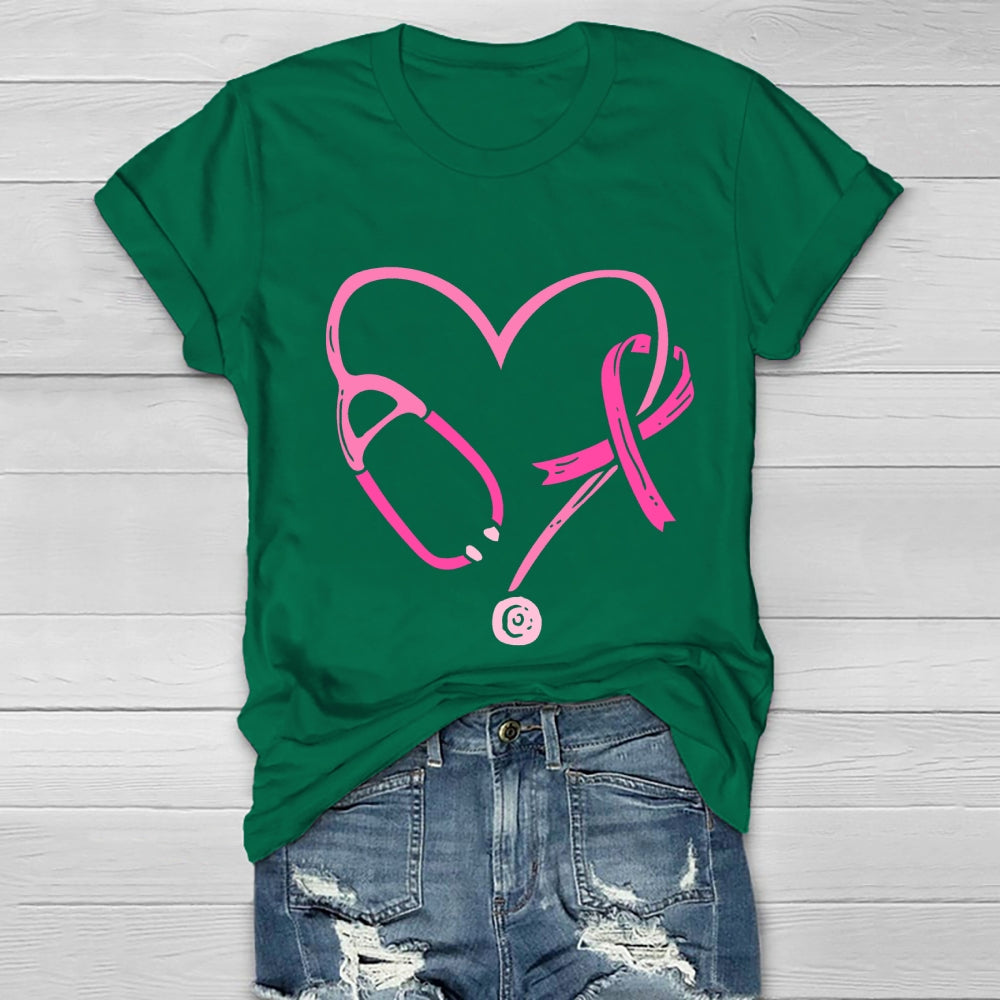 Pink Ribbon Stethoscope Nurse Life Breast Cancer Survivor Healthwear T-shirt