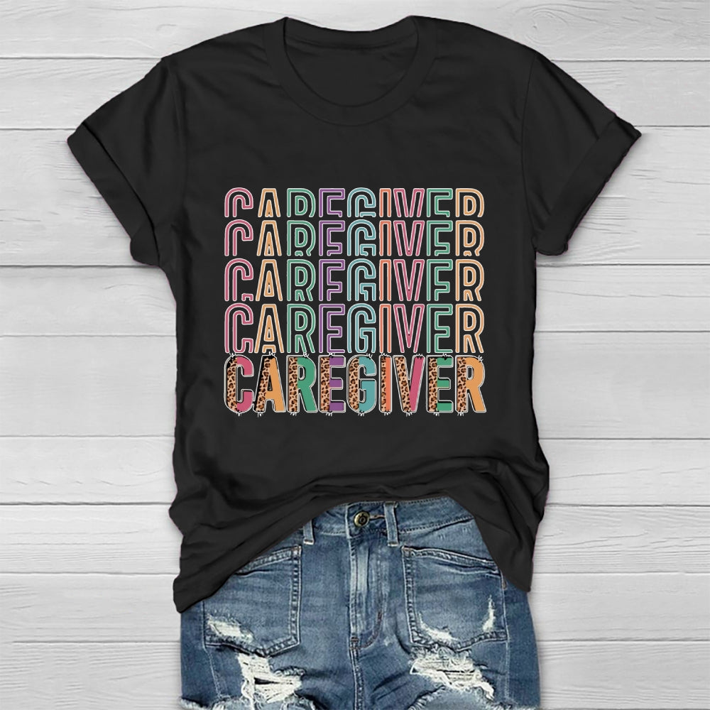 Caregiver Leopard Print Colorful Letters Healthwear T-shirt