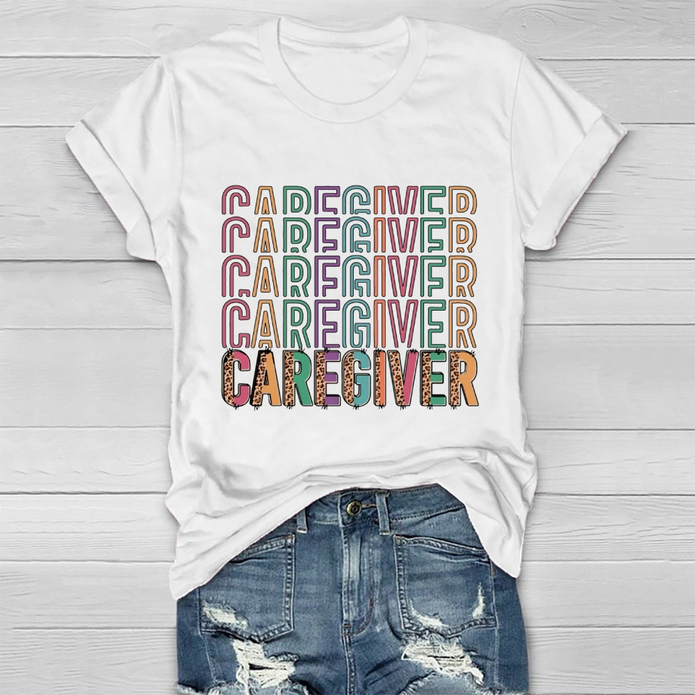 Caregiver Leopard Print Colorful Letters Healthwear T-shirt
