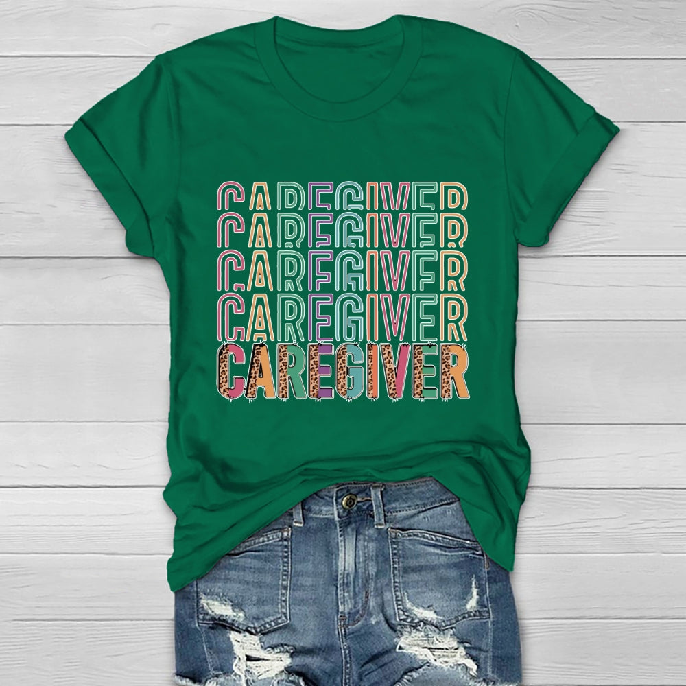 Caregiver Leopard Print Colorful Letters Healthwear T-shirt