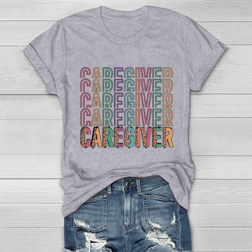 Caregiver Leopard Print Colorful Letters Healthwear T-shirt
