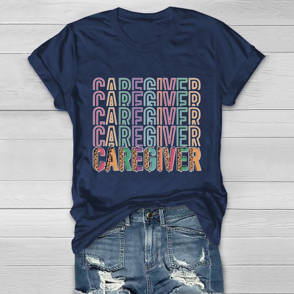 Caregiver Leopard Print Colorful Letters Healthwear T-shirt