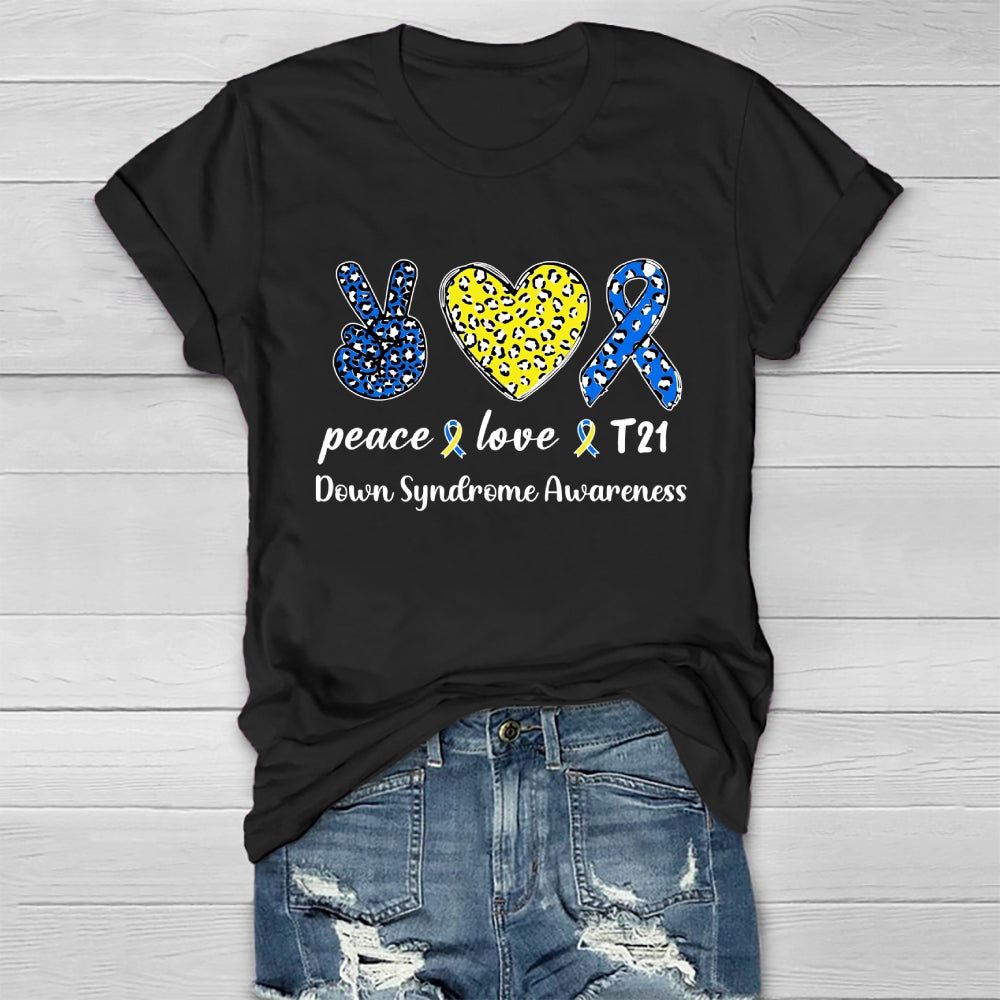 Peace Love T21 Blue Yellow World Down Syndrome Awareness Healthwear T-shirt