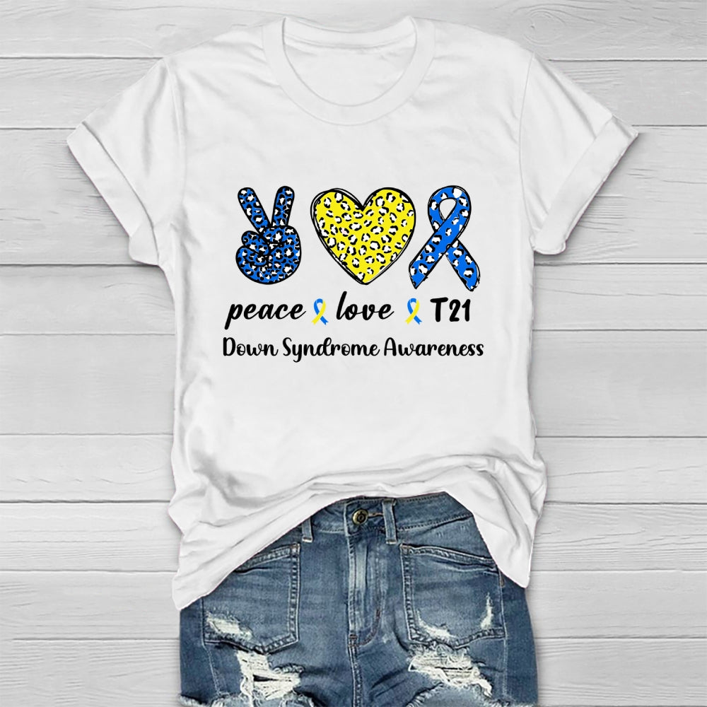 Peace Love T21 Blue Yellow World Down Syndrome Awareness Healthwear T-shirt