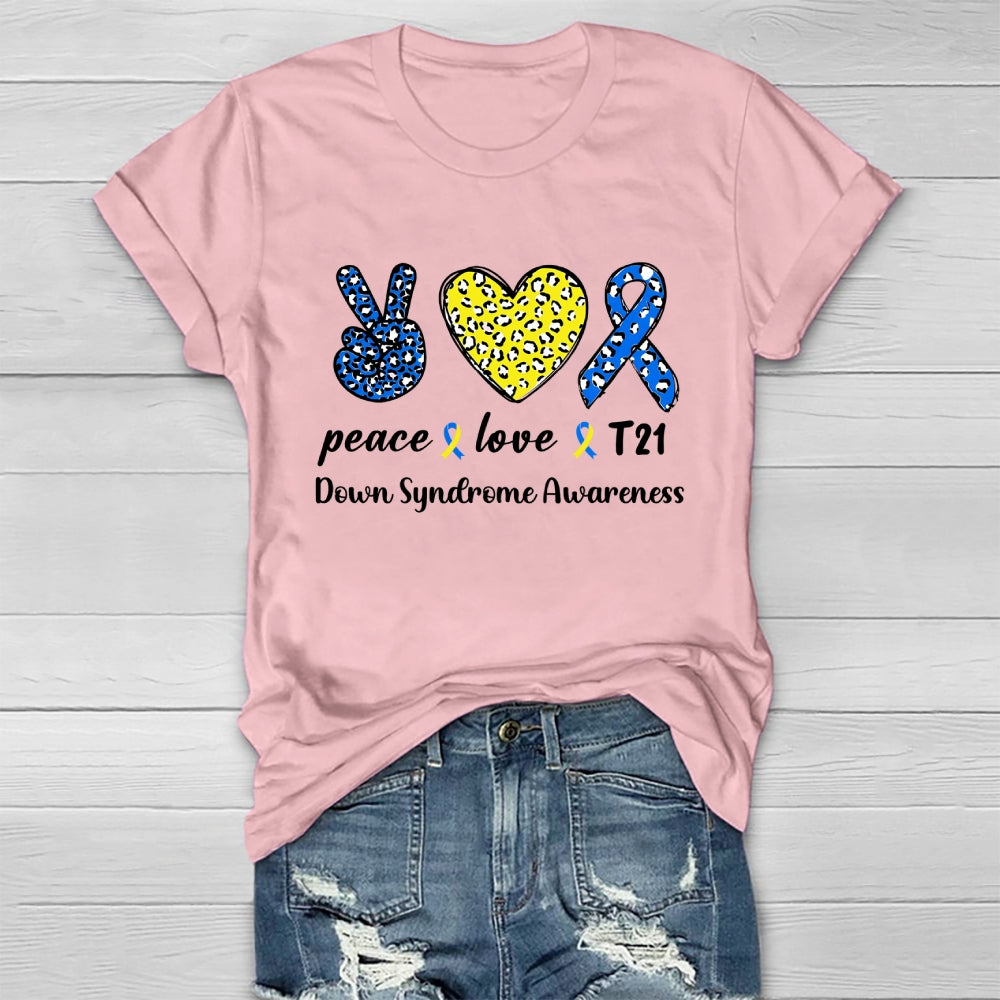 Peace Love T21 Blue Yellow World Down Syndrome Awareness Healthwear T-shirt