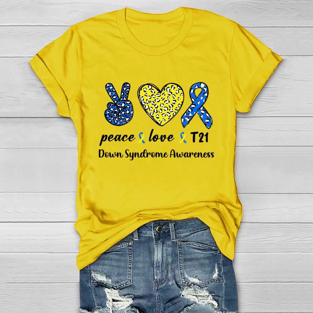 Peace Love T21 Blue Yellow World Down Syndrome Awareness Healthwear T-shirt