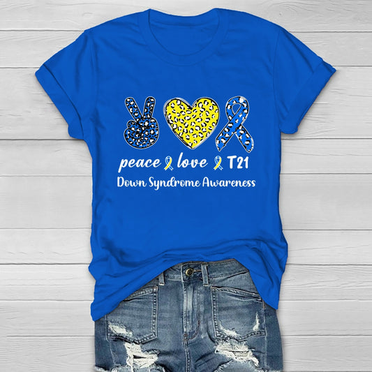 Peace Love T21 Blue Yellow World Down Syndrome Awareness Healthwear T-shirt