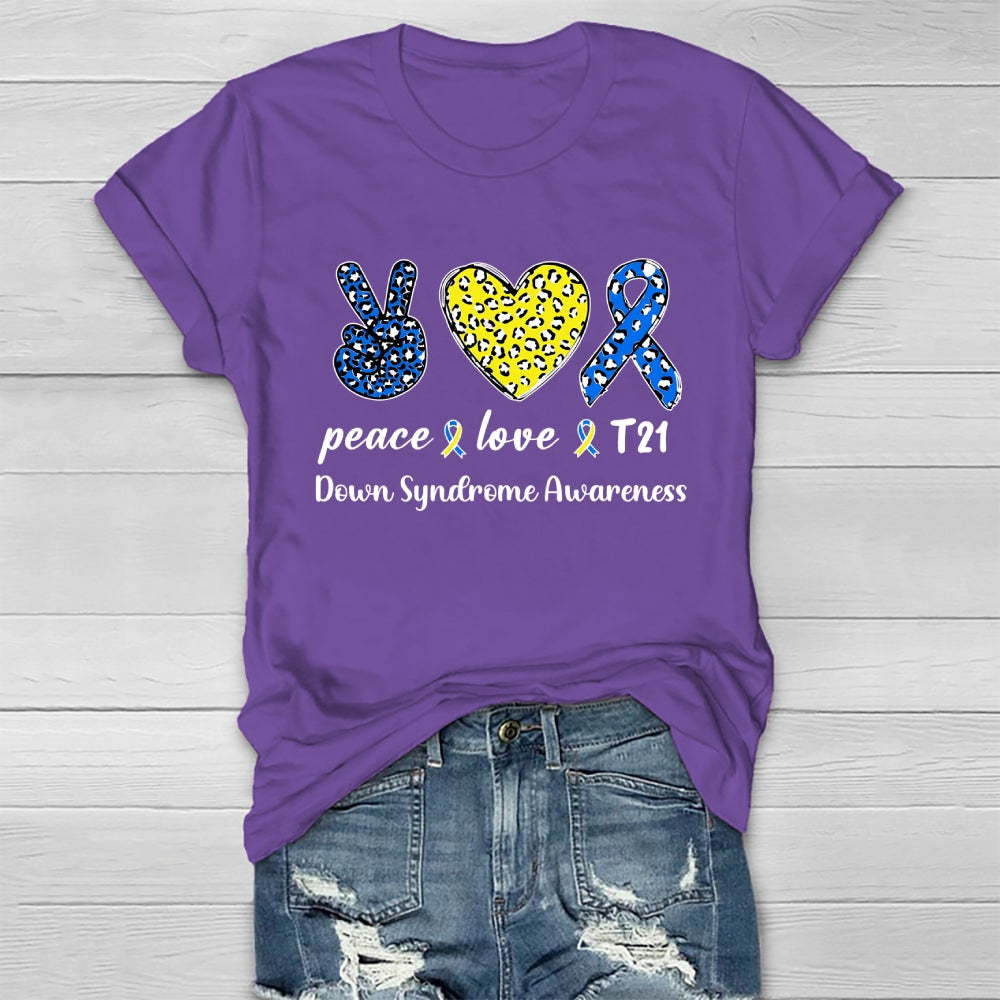 Peace Love T21 Blue Yellow World Down Syndrome Awareness Healthwear T-shirt