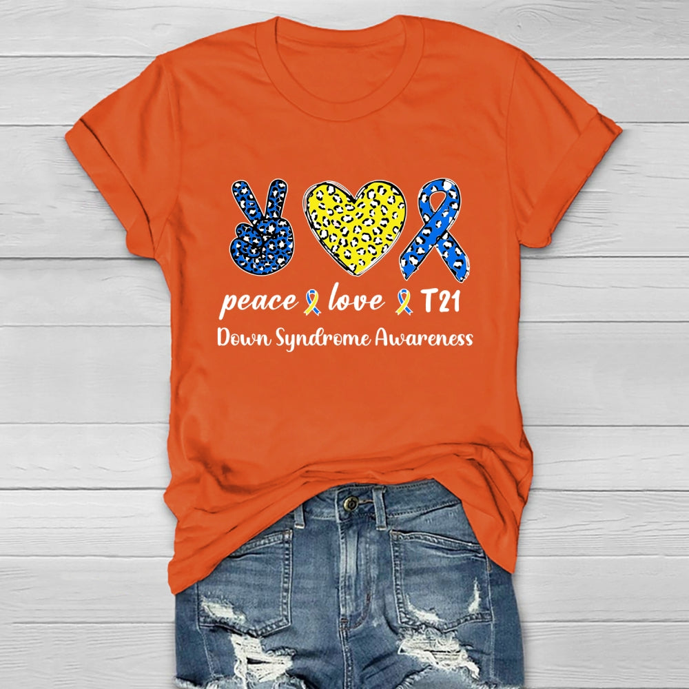 Peace Love T21 Blue Yellow World Down Syndrome Awareness Healthwear T-shirt