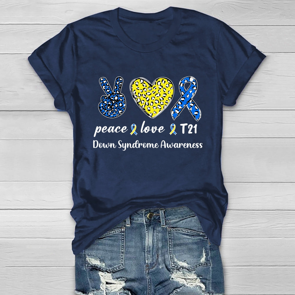 Peace Love T21 Blue Yellow World Down Syndrome Awareness Healthwear T-shirt