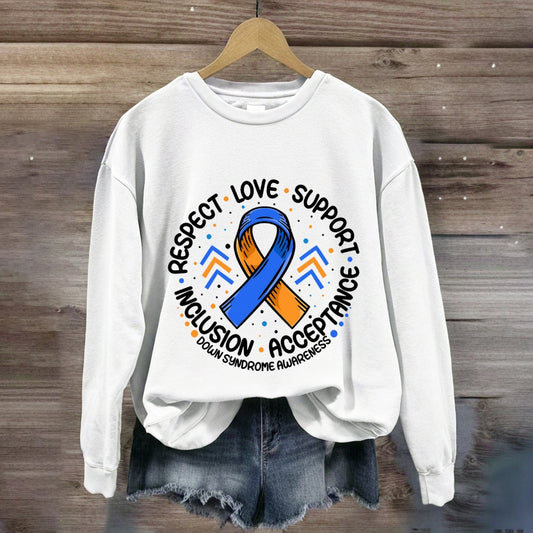 Respect Love Support Down Syndrome Awareness Blue Ribbon Sweatshirt