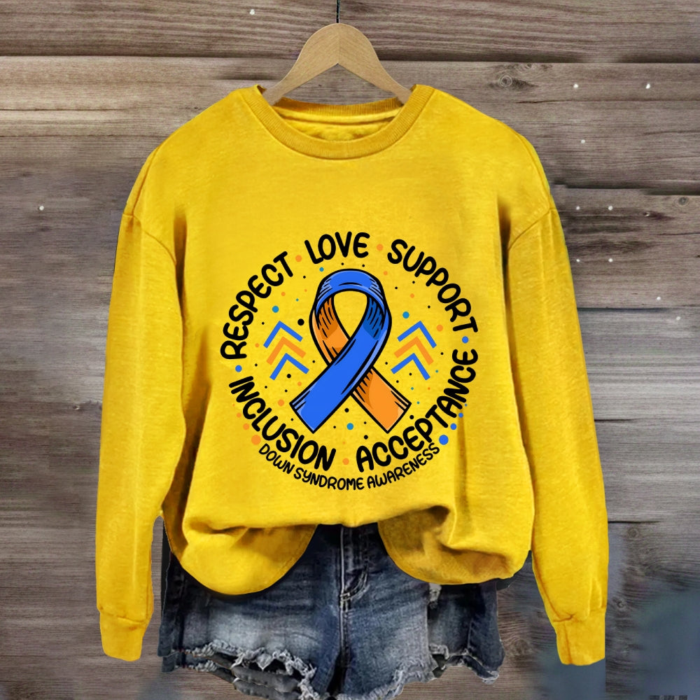 Respect Love Support Down Syndrome Awareness Blue Ribbon Sweatshirt