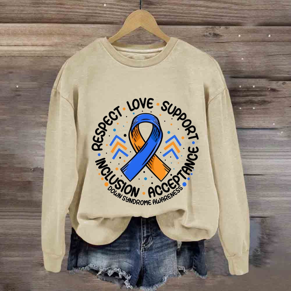 Respect Love Support Down Syndrome Awareness Blue Ribbon Sweatshirt