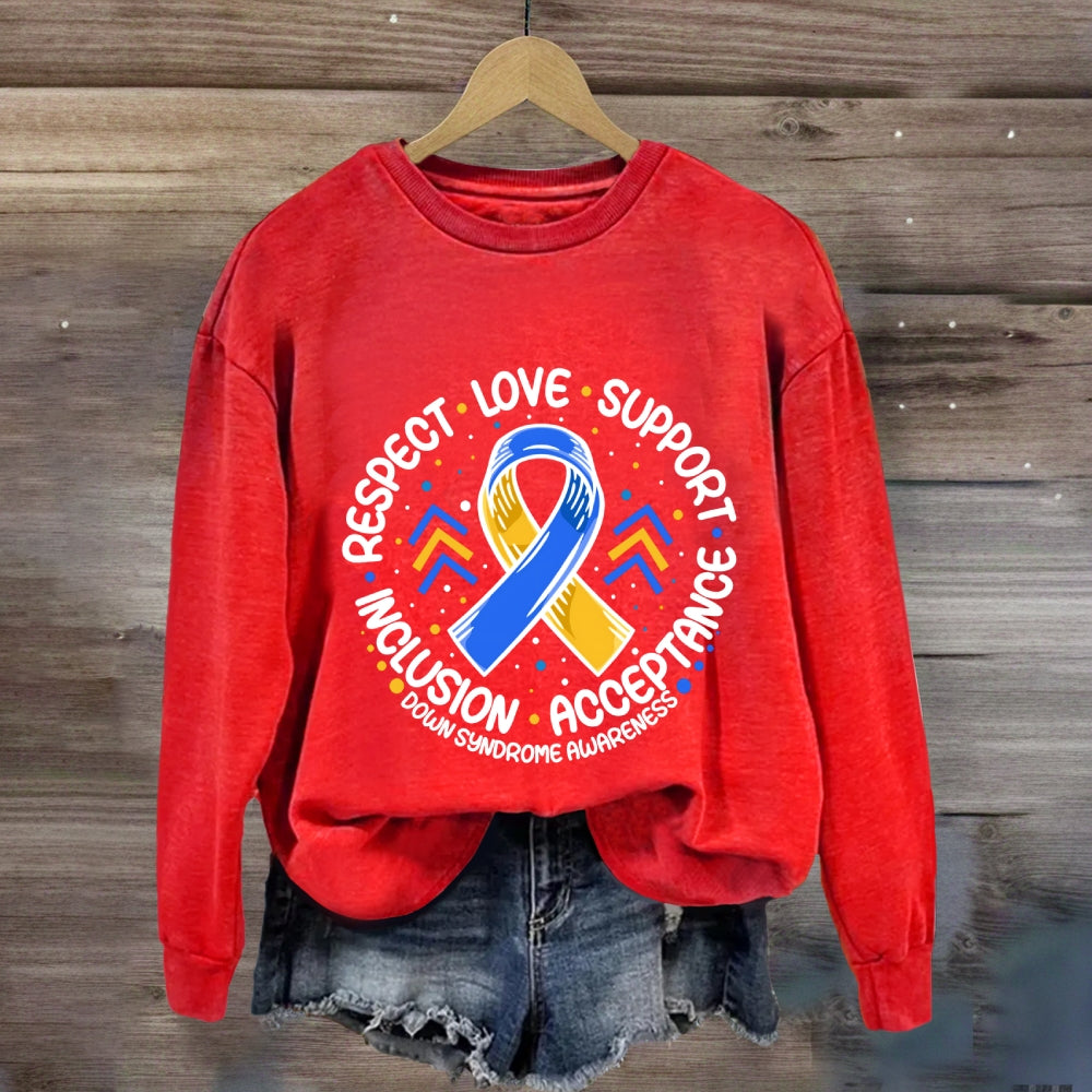 Respect Love Support Down Syndrome Awareness Blue Ribbon Sweatshirt